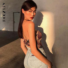 BoozRey Vintage Floral Tube Top Women Sleeveless Beach Club Party Streetwear Girl Chic Backless Crop Top Flower Retro Tank Tops