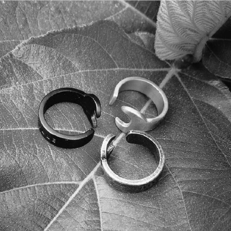 Punk Gothic Wrench Open Ring in Black Stainless Steel