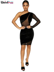 Weird Puss Velvet Mesh Patchwork Dress Women Diagonal Collar One Shoulder Sexy Elastic Skinny Bodycon Trend Party Club Outfit