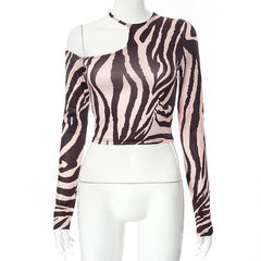 T-shirt Long Sleeve Strapless Irregular Zebra Print Top Short Top Y2K Tees Streetwear
