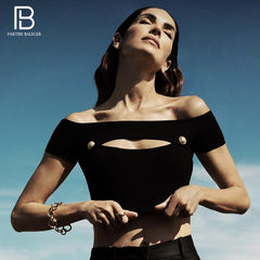 PB Chic White Two Pieces Suit Sexy Key Hole Design Button Embellised Celebrity Party Club Bandage Crop Tops Shorts Set