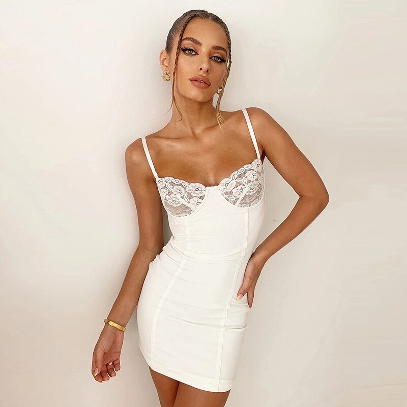 Beyouare Women&#39;s Lace Patchwork Dress Strapless Spaghetti Strap Sleeveless Skinny Mini Dresses 2021 Summer Solid Casual Elegant