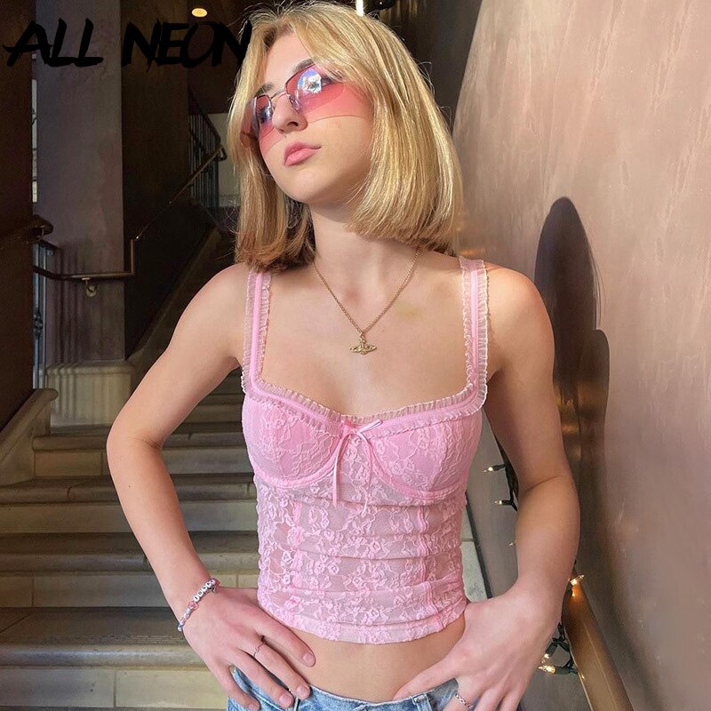 ALLNeon 2000s Aesthetics Pink Lace Backless Cami Tops Fashion Bow Sleeveless Spaghetti Strap Crop Top Sexy Transparent Clothes
