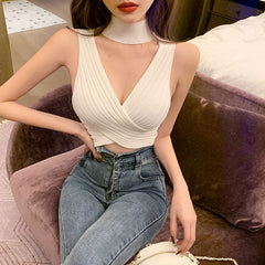 Women Knitting Halter Neck Cropped Tank Tops Female Knitted Crossed Sexy Camisole Sleeveless Solid T shirts Crop Tops