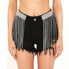 Sexy Fringe Shorts Denim Jeans Women Rhinestone Embellished Female Short Trousers Tassel Summer Clothing Designer Black 2021