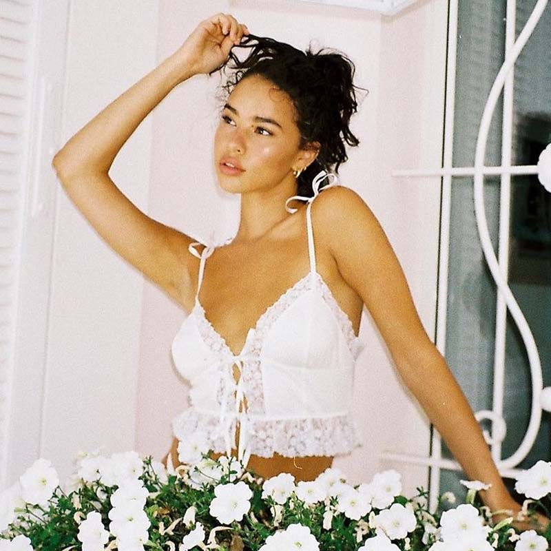 Frill Lace Sexy Crop Tops Tees Women Front Tie Sleeveless Cami Top Summer White V Neck Spaghetti Strap Top Party Club