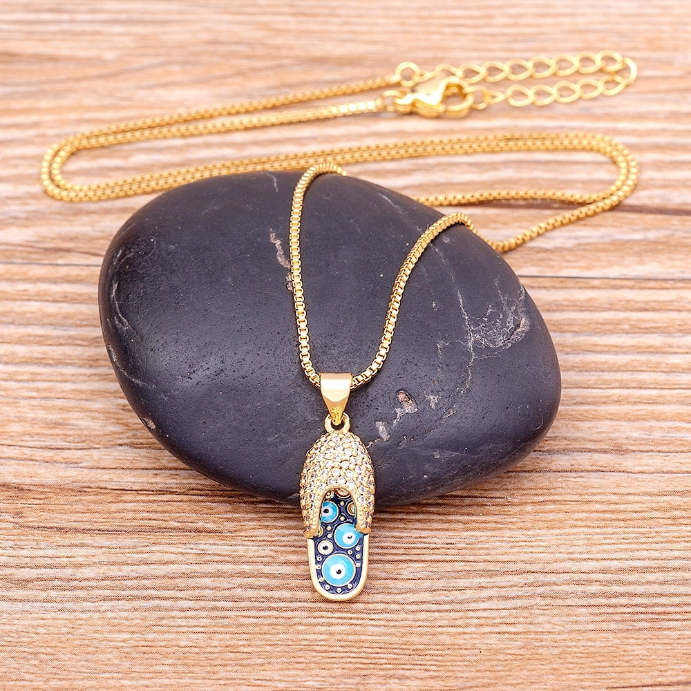 Rhinestone Enamel Slipper Pendant - Blue Evil Eye Necklace Chain Gold Plated