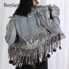 sequined beading tassel hem women jacket coat long sleeve fashion women top denim jacket autumn women coat chaqueta mujer