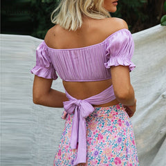 Nadafair Blouse Women 2020 Summer Off Shoulder Tops Puff Sleeve Bow Tied Beach Short Sleeve Backless Sexy Crop Top Women White