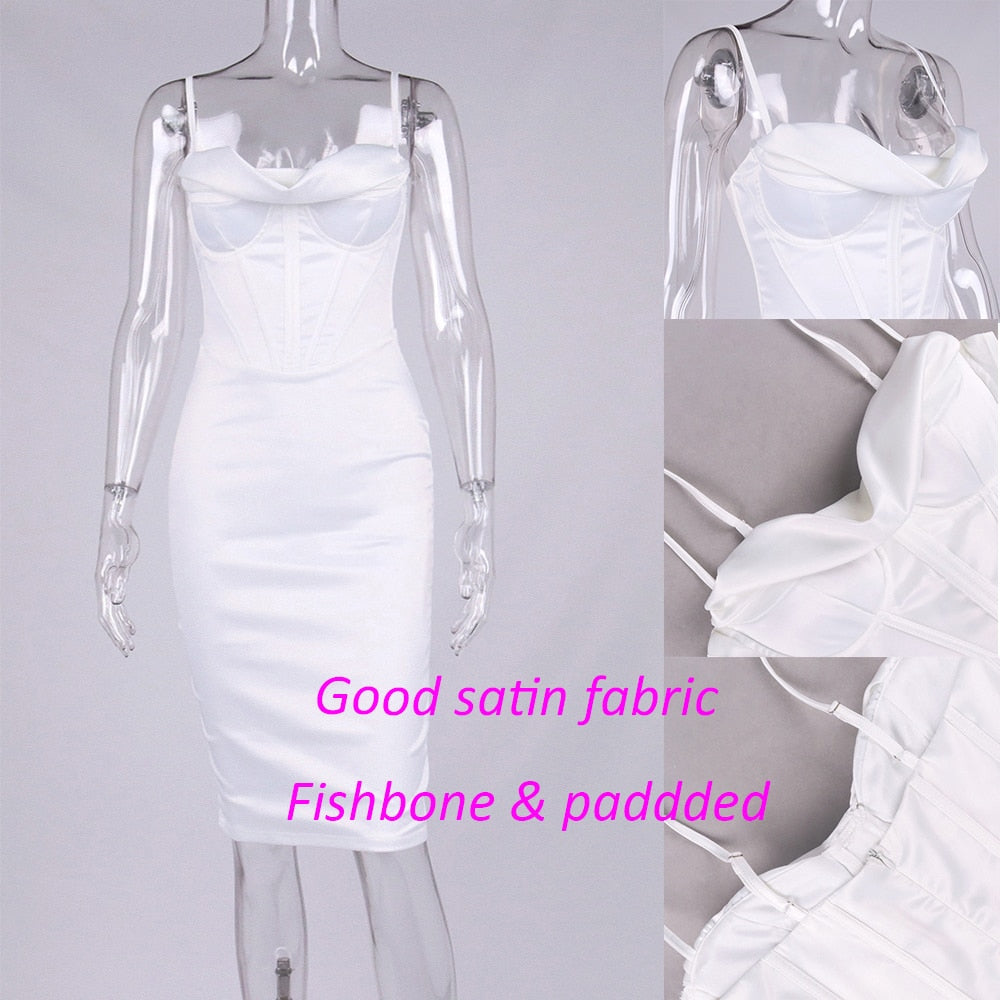 High Quality Summer Corset Dress Women White Spaghetti Strap Dress Padded Bustier Satin Bodycon Dress Sexy Party Dress Clubwear