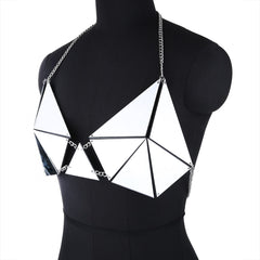 Silver Mirror Decor Bra Fixed Halter Lingerie Chain Women Summer New Fashion Sexy Nightclub Backless Body Chain Jewelry