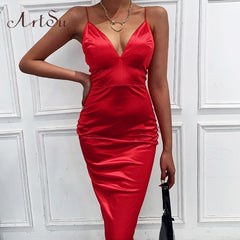 Artsu New Year Party Dress Red Satin Midi Dresses Solid 2020 Spring V-Neck Backless Dress Straps Zipper Slim Dress ASDR60689