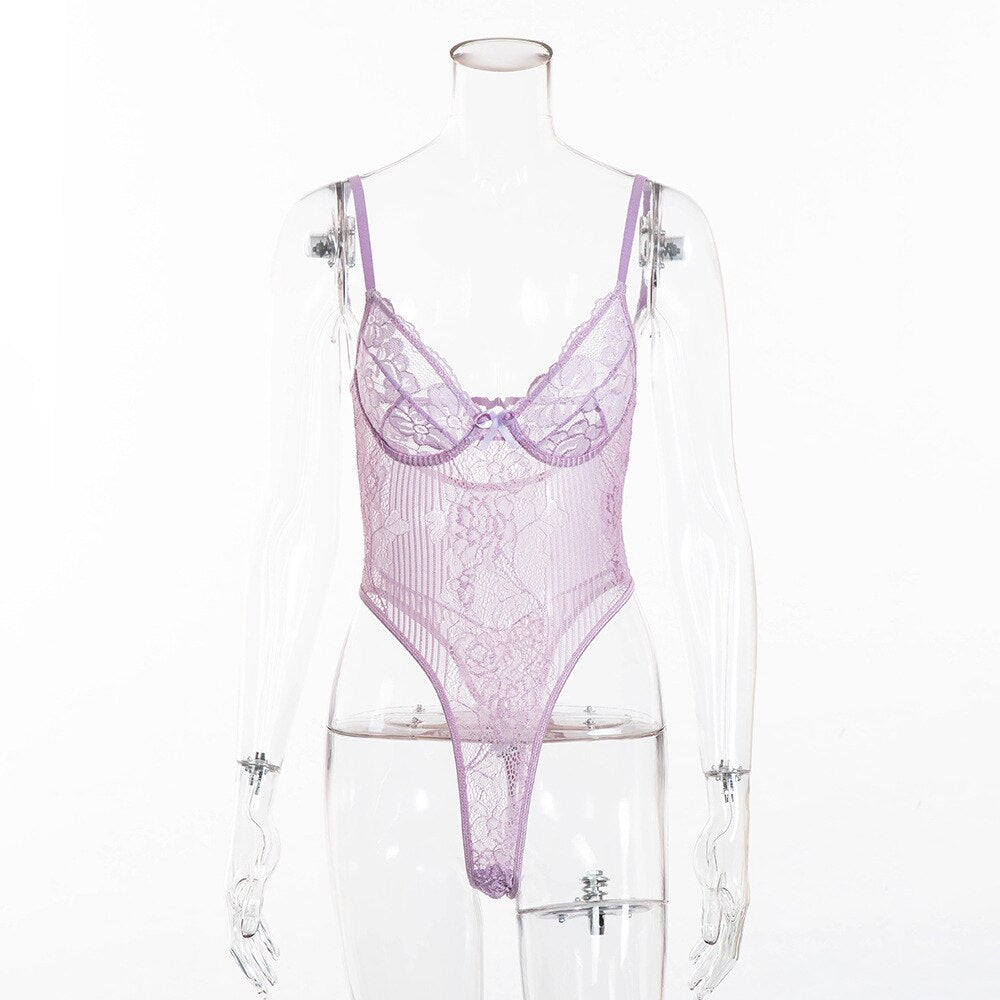 Yimunancy Floral Sheer Lace Bodysuit Women Backless Transparent Mesh Bodysuit Bow Sexy Bodysuit Ladies Cut Out Strap Jumpsuit