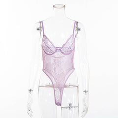 Yimunancy Floral Sheer Lace Bodysuit Women Backless Transparent Mesh Bodysuit Bow Sexy Bodysuit Ladies Cut Out Strap Jumpsuit