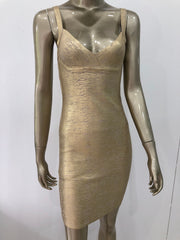Women Summer Sexy V Neck Backless Bronzing Gold Bodycon Bandage Dress 2021 Celebrity Designer Party Club Dress Vestidos