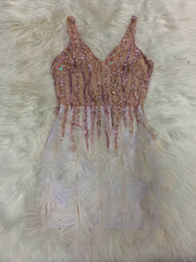 High Quality Pink White Feathers Rayon Bandage Dress Elegant Night Club Party Dress Vestidos