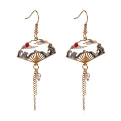 Chinese Style Folding Fan Crane Carp Lotus Asymmetrical Long Tassel Dangle National Style Earrings for Women Jewelry Gift