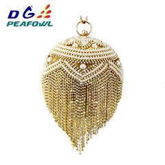 DG PEAFLOW Round Circular Gold Diamond Tassel Bridal  Women Evening Party Crystal Clutch Bag Wedding Wristlets Purse