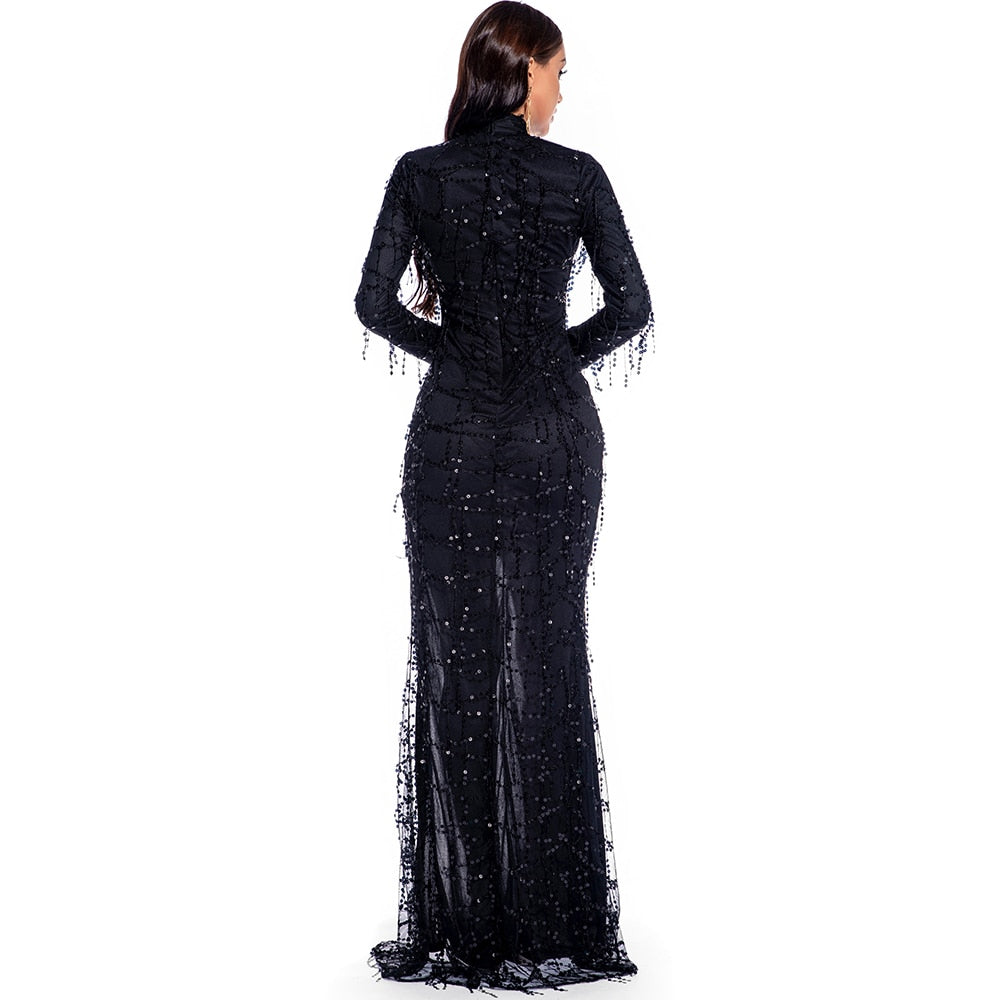Evadne Sheer Sequin Turtleneck Maxi Dress