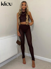 Kliou High Street Two Piece Set Women Scratching Shape Mesh Sleeveless Short Top+Sexy Sheath Slim High Waist Female Trousers