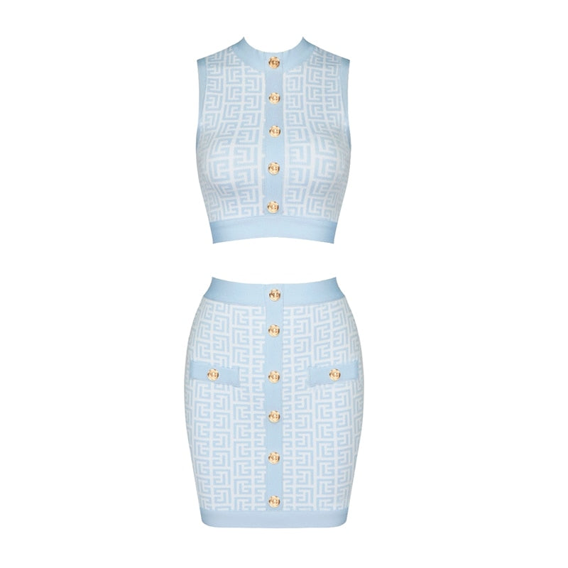 PB Stylish Jacquard Two Pieces Set Sexy Stand Collar Sleeveless Celebrity Party Club Bandage Vestido Free Shipping