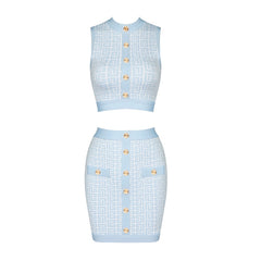 PB Stylish Jacquard Two Pieces Set Sexy Stand Collar Sleeveless Celebrity Party Club Bandage Vestido Free Shipping