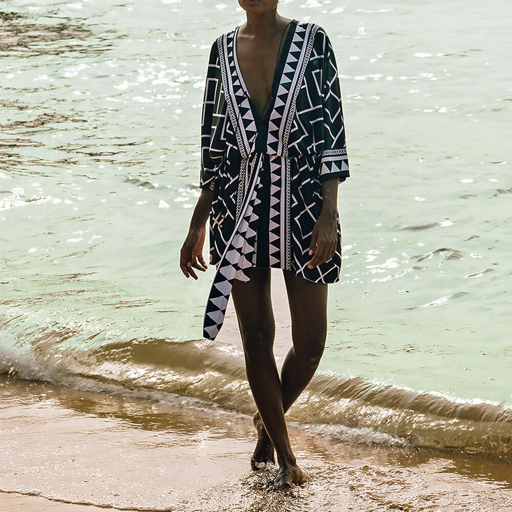 Sexy Black Beach Outing Cover Up Boho Chic DIY Wearing Print Mini Dresses Irregular Geometry Triangle Swimwear Woman Summer