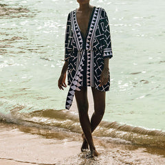 Sexy Black Beach Outing Cover Up Boho Chic DIY Wearing Print Mini Dresses Irregular Geometry Triangle Swimwear Woman Summer