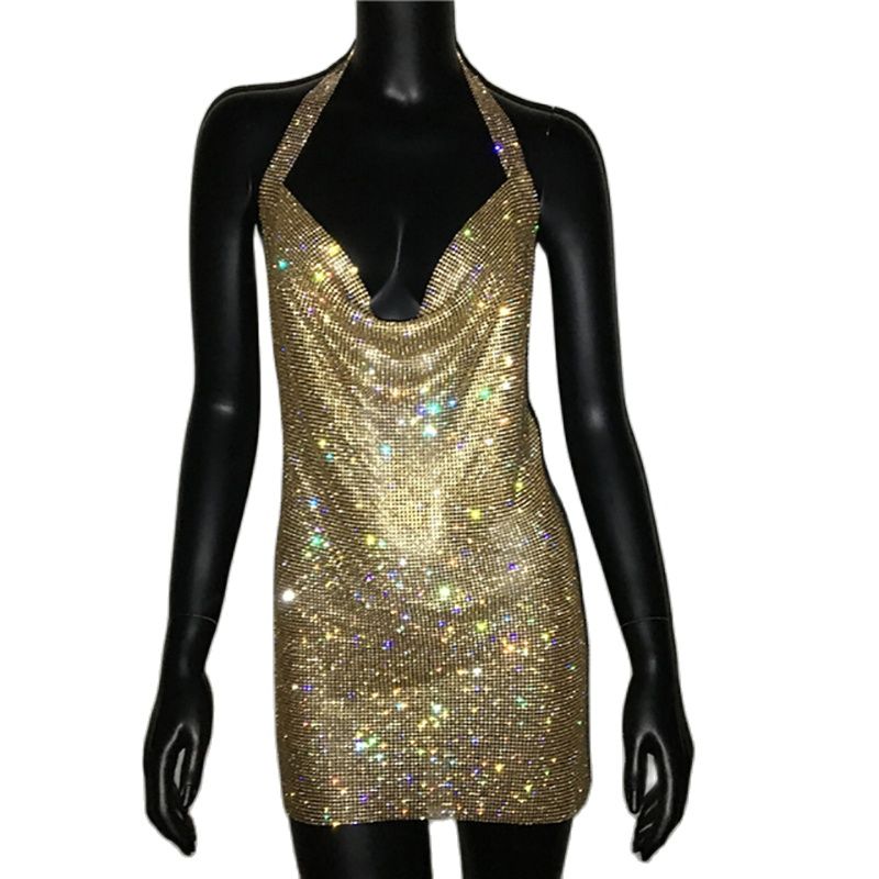 2022 NEW Sexy Deep V Neck Crystal Dress Women Luxury Rhinestone Halter Dance Party Diamante Backless Split Mini Dresses Secondary image