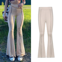CIBBAR Solid Low Waist Ribbed Flare Pants Women Summer Slim Elegant Casual Elastic Trousers Female Fashion All-Match Streetwear