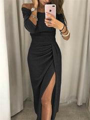 2022 New Women&#39;s Off Shoulder Long Sleeve Bodycon Evening Party Long Dress Asymmetrical Split Pencil Dresses S M L XL XXL