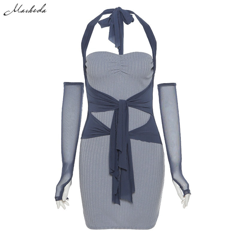 Macheda Summer Fashion Patchwork Slim Halter Dress Women Knitting Street Casual Dress Blue Lace Up Bodycon Mini Dress Lady 2020