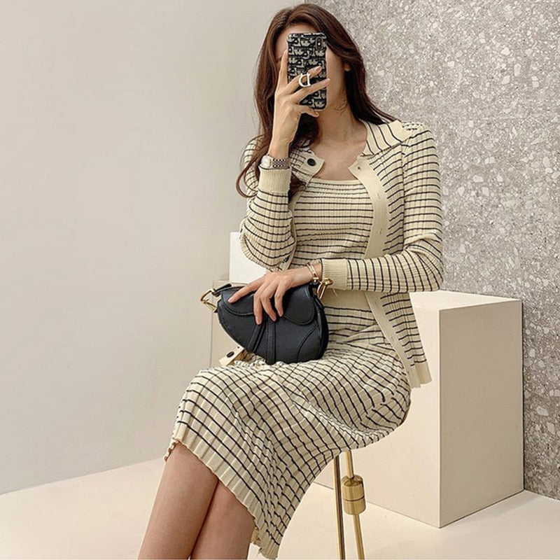 Knitting 3 Pieces Set Women Knitted Sling + Cardigan And Pencil Skirts