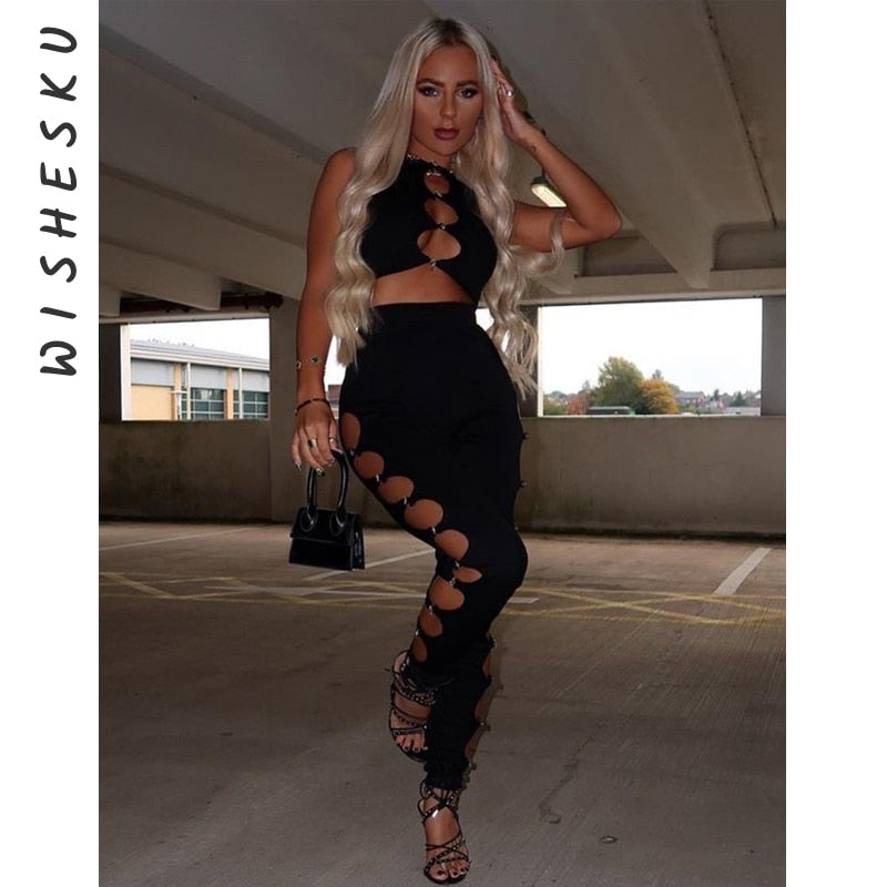 Two Piece Set Women Diamond Outfit Sexy Sleeveless Cut Out Crop Top+Elastic High Waist Pencil Pants 2021 Fall Party Clothes
