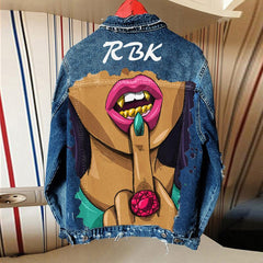 Retro high street personality print 2021 women&#39;s designer denim jacket loose print single-breasted lapel female jacket