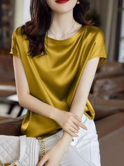 Silk Thin Short Sleeve Tees Elegant Black Brown Tops Solid Loose Casual