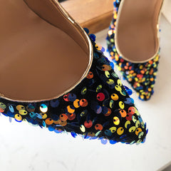 Blue Bling Sequins Women Sexy Extremely High Heels Pointed Toe Slip On Stiletto