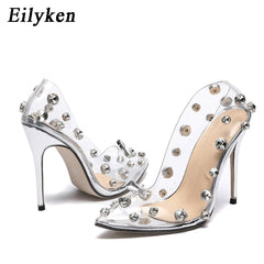 EilyKen  New Spring Autumn Fashion PVC Transparent Rivet Women Pumps Sandal Sexy Pointed Toe Thin High Heel Stripper Party Shoes