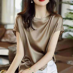 Silk Thin Short Sleeve Tees Elegant Black Brown Tops Solid Loose Casual