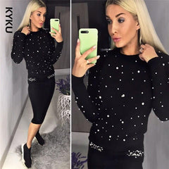 Women Two Piece Warm Set O-Neck Pearl Beading Knitted Pullover  Pencil Skirt Women Elegant 2 Piece Suits
