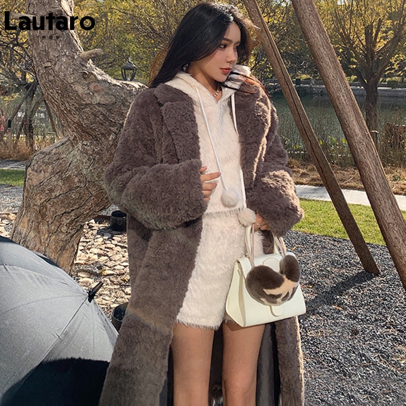 Lautaro Winter Long Oversized Shaggy Fuzzy Warm Thick Fluffy Faux Fur Coat Women Sashes Lapel Stylish Luxury Korean Fashion 2021