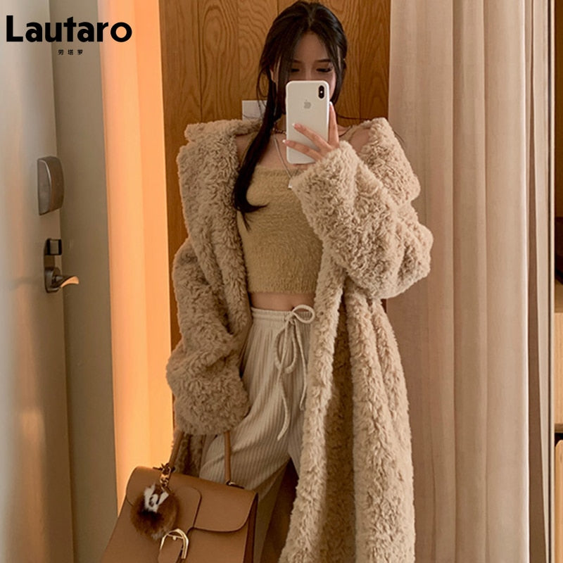 Lautaro Winter Long Oversized Shaggy Fuzzy Warm Thick Fluffy Faux Fur Coat Women Sashes Lapel Stylish Luxury Korean Fashion 2021 Main image