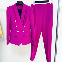 Office Ladies women&#39;s pantsuit Red Pink Business Classic Double-breasted Buttons Nine Blazer Pants Set Two Piece Formal Suits