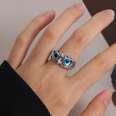 Cute Rhinestone Owl Ring Blue Eyes Simple Style Girl Woman Popular Ring Fashion Men Jewelry Gifts Adjustable