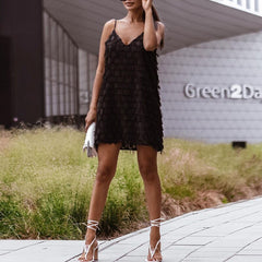 Summer V Neck Sleeveless Feather Dress Spaghetti Strap White Women Casual Mini Dress Female Short Backless Party Sundress 2021