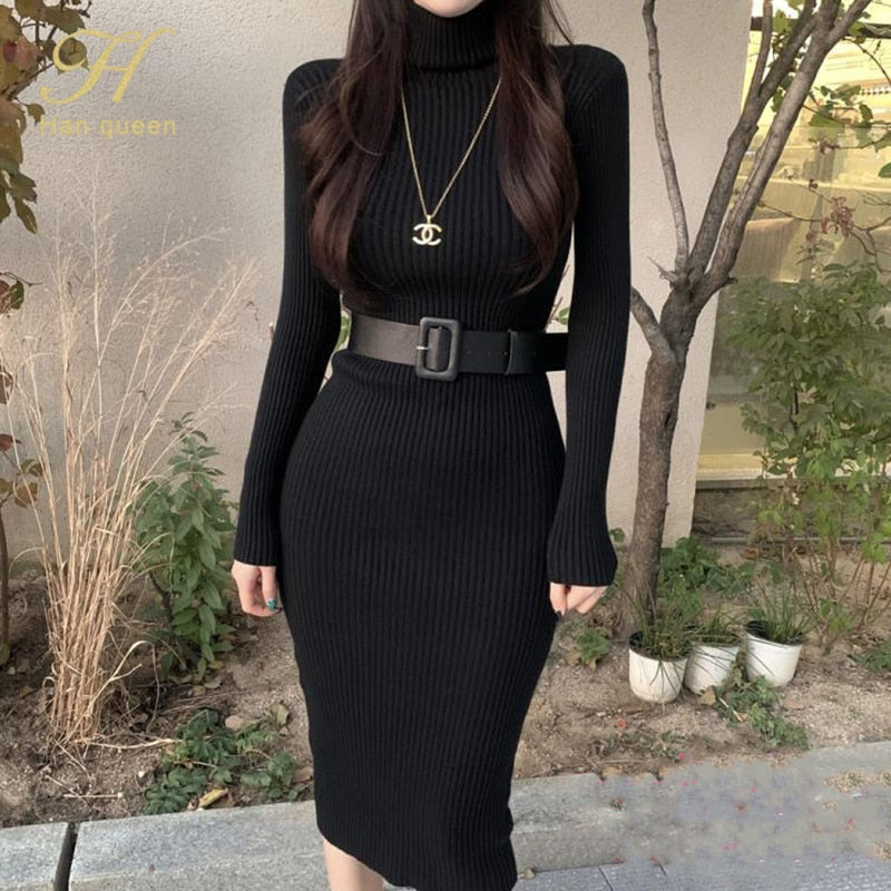 Knitted Bodycon Dress Bottoming Women Soft Elastic Turtleneck Sweater Autumn Winter Midi Party Dresses With Belt