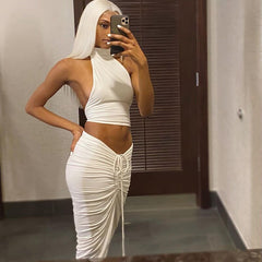 Halter Sexy Two Piece Set Long Dress for women Club Party Backless Crop Top and Slit Midi SKirts Suits Summer Vacation Outfits