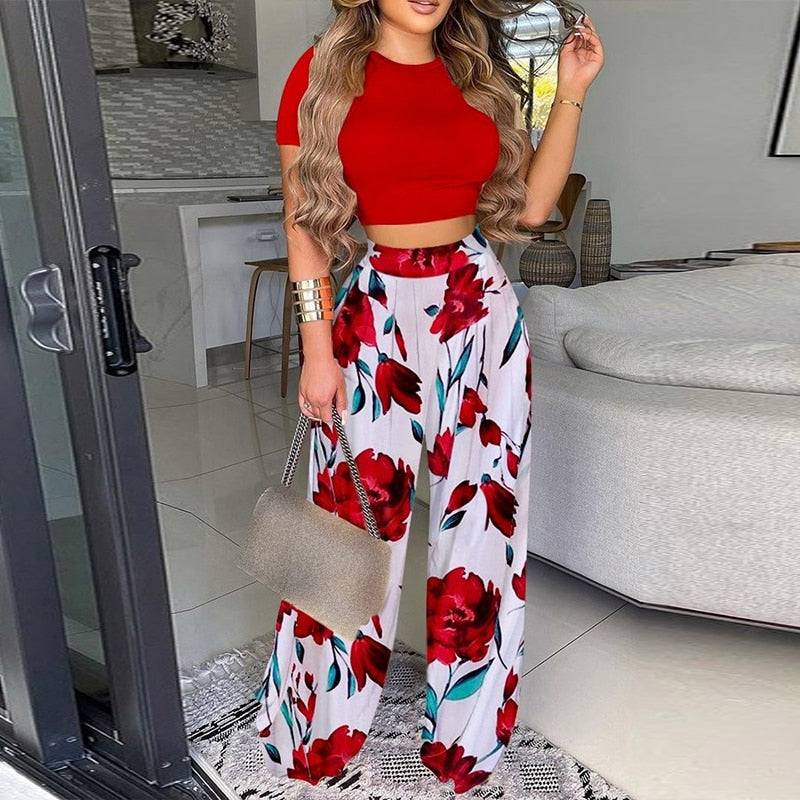 Summer Women Two Piece Sets Elegant Print Office Lady Outfits Elegant O Neck Short Sleeve Shirt Pullover + Wide Leg Pants Suits