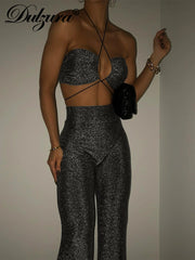 Dulzura Bling Glitter Women 2 Pieces Lace Up Halter Crop Top Wide Leg Pants Set Matching Suit Party Club Sexy 2022 Summer