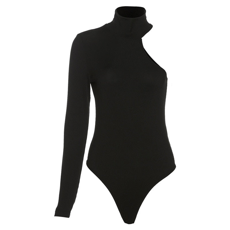 One Shoulder Knitted Bodysuit Turtleneck Black Bodysuit